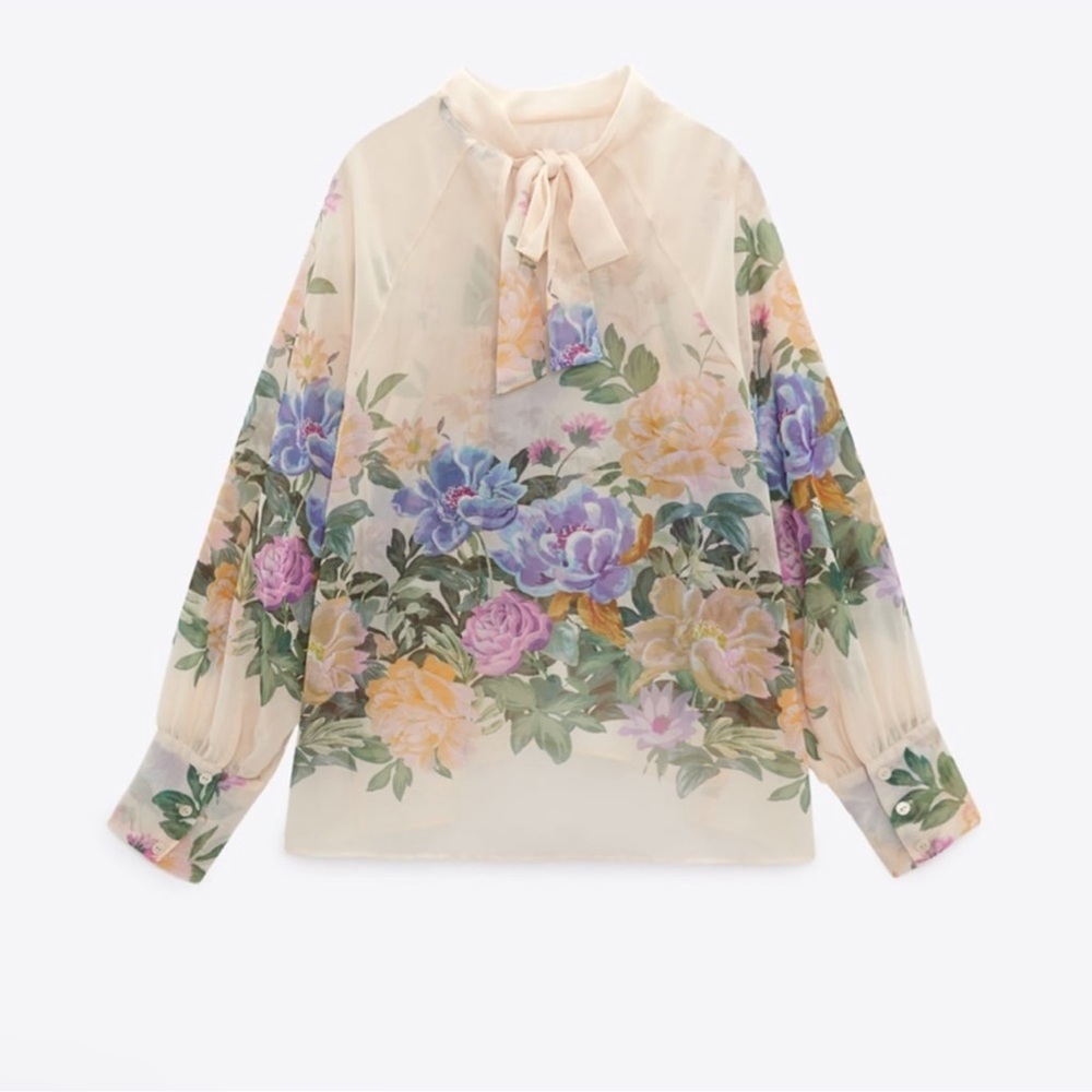 Zara Floral Cream Blouse with Purple and Peach Blooms - Picture 8 of 9